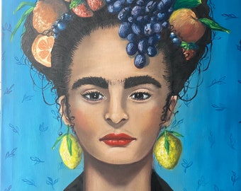 Retrato de Frida Kahlo con los frutos - pintura al óleo sobre lienzo