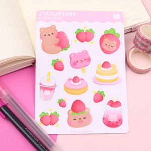 Hoja de pegatinas Strawbeary / Matte - Estacionario lindo - Hoja de pegatinas Kawaii - Pegatinas Bujo lindas - Pegatinas del planificador - Pegatinas de fresa