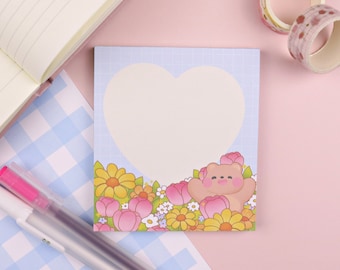 Gomi's Spring Flowers | Memo Pad - Cute Bear Memo Pad- Kawaii Stationary - Spring Flowers Memo Pad - Aesthetic Journal Stationary