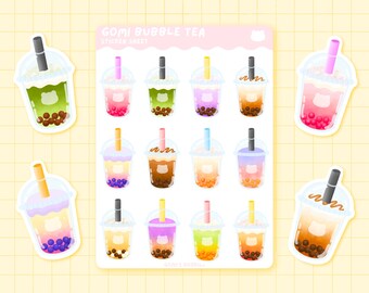 Gomi's Bubble Tea | Matte Sticker Sheet -  Cute Stationary - Kawaii Sticker Sheet -  Cute Bujo Stickers - Planner Stickers - Boba Tea