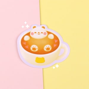 Gomi Bear Latte | Autocollant en vinyle brillant En flocon - Autocollant mignon brillant - Autocollant en vinyle Kawaii - Autocollant mignon en ours - Autocollant mignon au café