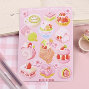 Hoja de pegatinas mate con diseño de fresa Sakura - Papelería bonita - Hoja de pegatinas kawaii - Pegatinas bonitas para Bujo - Pegatinas para planificador - Pegatinas de Sakura