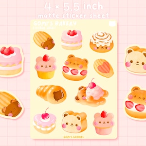 Gomi's Bakery | Folha de adesivos foscos - Papelaria colorida fofa - Folha de adesivos kawaii - Adesivos fofos Bujo - Produtos de padaria - Adesivo de pão