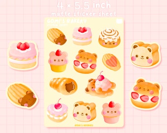 Gomi's Bakery | Matte Sticker Sheet -  Colorful Cute Stationary - Kawaii Sticker Sheet -  Cute Bujo Stickers - Bakery Goods  - Bread Sticker