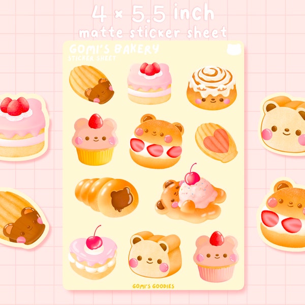 Gomi's Bakery | Matte Sticker Sheet -  Colorful Cute Stationary - Kawaii Sticker Sheet -  Cute Bujo Stickers - Bakery Goods  - Bread Sticker