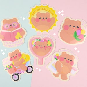 Afirmações de Gomi | Flocos de adesivos de vinil brilhantes - Adesivo brilhante fofo - Adesivo de vinil Kawaii - Adesivos de urso fofos - Afirmações positivas
