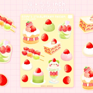 Gomi's Strawberry Dream | Arkusz naklejek matowych - urocze artykuły piśmiennicze - Arkusz naklejek Kawaii - urocze naklejki Bujo - naklejki truskawka Matcha