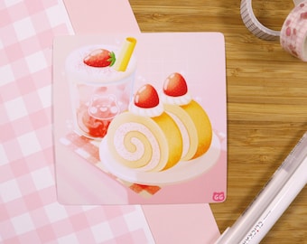 May include: A pink and white illustration of a strawberry milk tea with a straw and two strawberry swirl cakes on a white plate. The background is a pink and white checkered pattern.