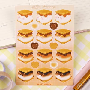 Shiba S&#39;mores | Matte Sticker Sheet -  Cute Stationary - Kawaii Sticker Sheet -  Cute Bujo Stickers - Shiba Inu Stickers - Snacks Stickers