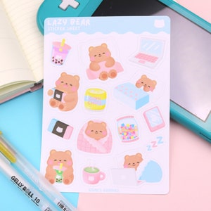 Orso pigro / Foglio adesivi opaco - Stazionario carino - Foglio adesivi Kawaii - Adesivi Bujo carini - Adesivi Planner - Adesivo Orsetto carino