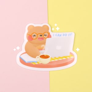 Mogę to zrobić! | Błyszcząca naklejka winylowa Płatek - Słodka błyszcząca naklejka - Kawaii naklejka winylowa - Słodka naklejka z misiem - Naklejka motywacyjna