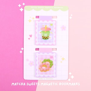 Matcha Sweets Stamps | Magnetic Bookmark - Kawaii Bookmark - Cute Magnetic Bookmark - Asian Desserts - Boba Tea - Mochi Donuts