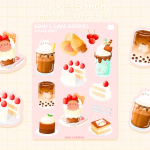 Gomi's Cafe Goodies / Hoja de pegatinas mate - Papelería colorida y bonita - Hoja de pegatinas kawaii - Pegatinas Bujo bonitas - Pegatinas para pasteles y postres