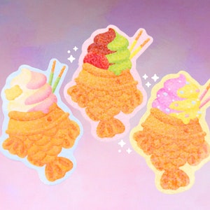 Holographic Taiyaki Ice Cream | Glossy Vinyl Stickers - Cute Glossy Sticker - Kawaii Vinyl Sticker - Cute Dessert Sticker - Colorful Sticker