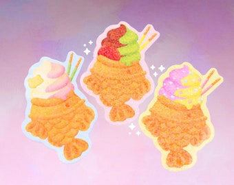 Holographic Taiyaki Ice Cream | Glossy Vinyl Stickers - Cute Glossy Sticker - Kawaii Vinyl Sticker - Cute Dessert Sticker - Colorful Sticker