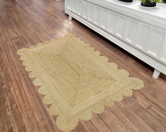 Handmade Scalloped Braided Bohemian Natural Color Rectangle Area Jute Rug for Home Décor Floor Carpet in Customizable Sizes for Living Room