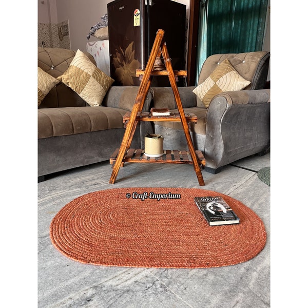 Handmade Natural Rust Color Oval Jute Rug  Braided Vintage Area Rug Indian Traditional Design Bohemian Rag Rug Home Décor Large Rug