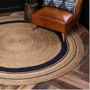 Handmade Bohemian Black Color Rikki Braided Border Round Area Jute Rug for Home Décor Floor Carpet in Customizable Sizes for Living Room