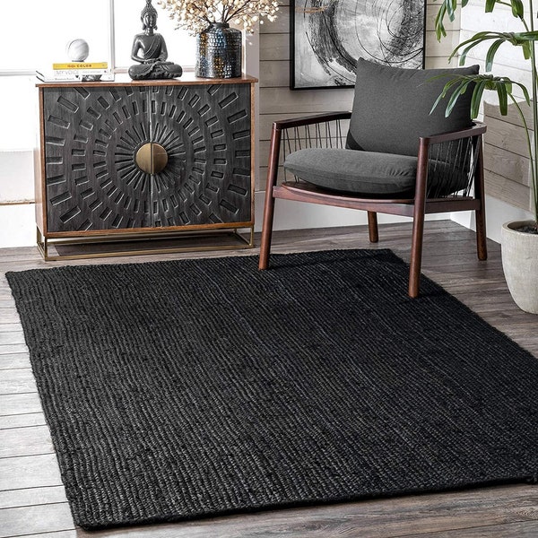 Indian Handmade Braided Bohemian Black Color Pure Jute Rectangle Area Rug Home Décor Rugs Floor Décor Carpet in All Custom Sizes