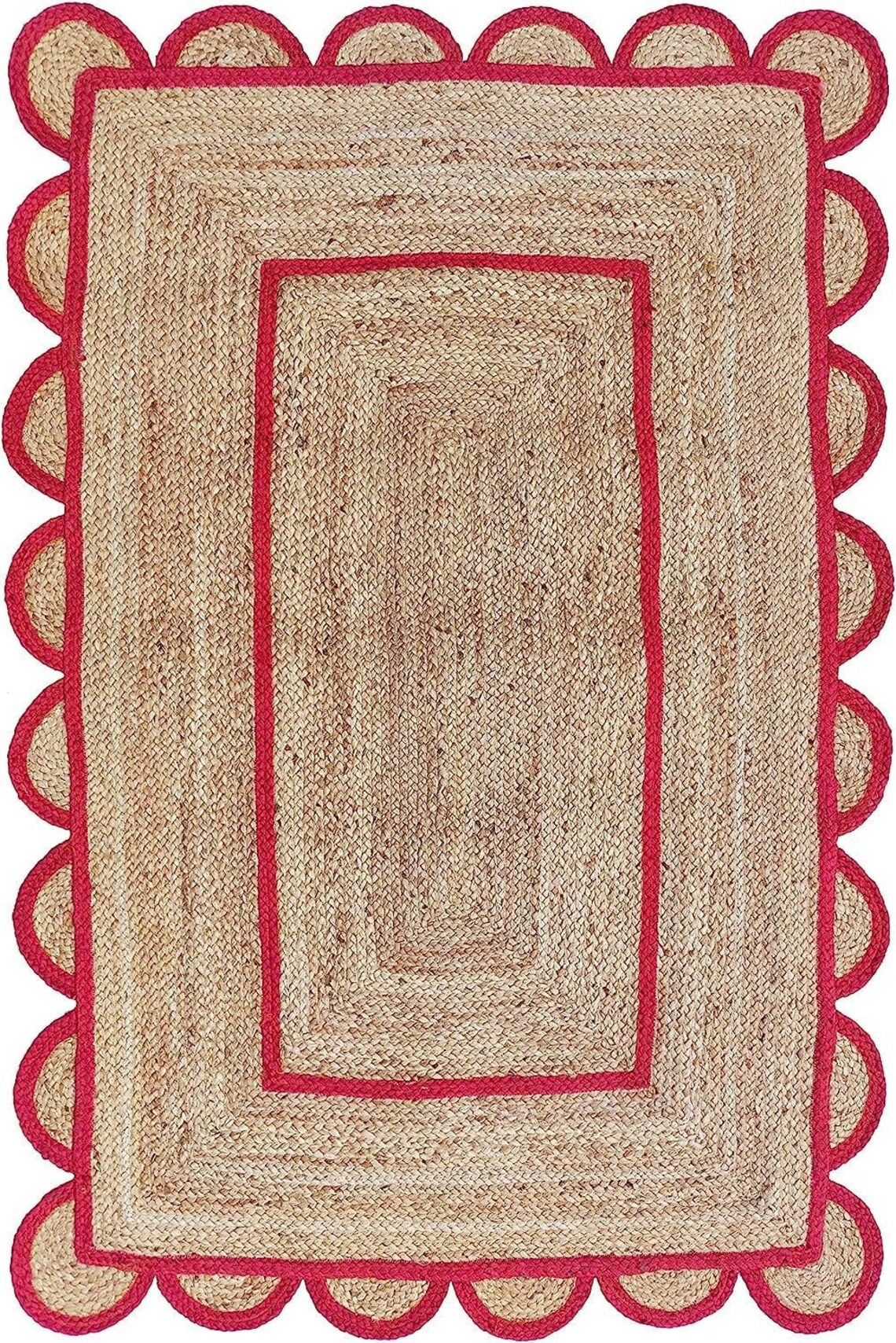 Handmade Scalloped Braided Bohemian Red Color Rectangle Area Jute Rug ...