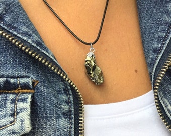 Fool/'s Gold Shooting Star - Adjustable Soft Black Poly Woven Washable Cord Stainless Steel Bail 20mm Golden Pyrite Pendant 0.79 Tall Gemstone Tribal Ethnic Carved Necklace