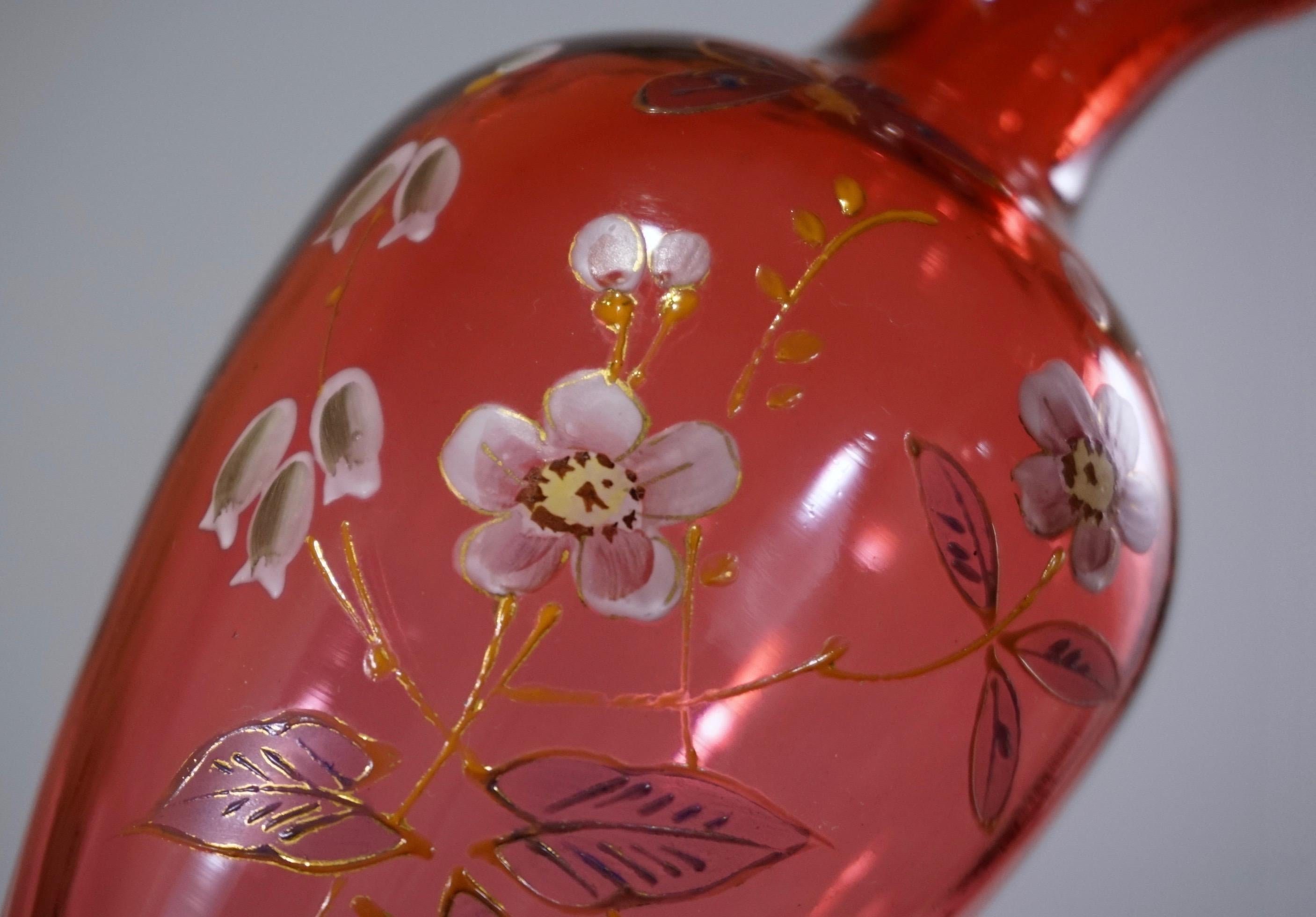 Antique Cranberry Art Glass Handpainted Enamel Vase Pair Etsy