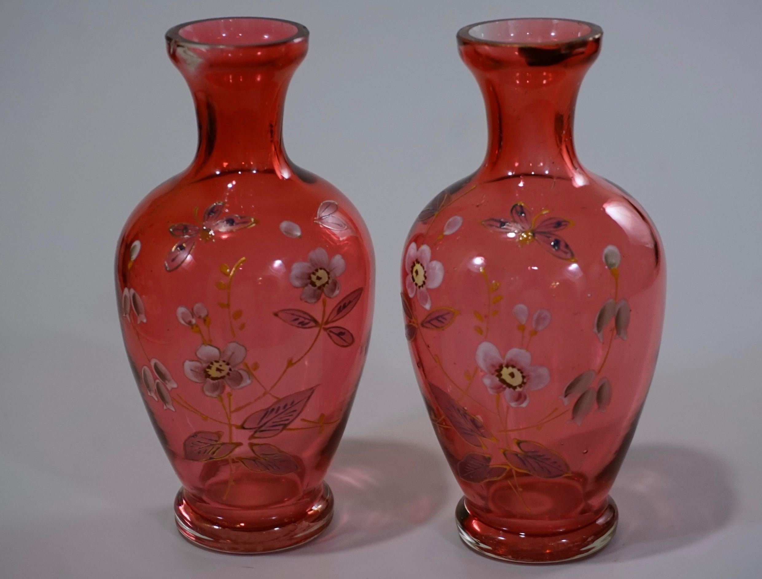 Antique Cranberry Art Glass Handpainted Enamel Vase Pair Etsy