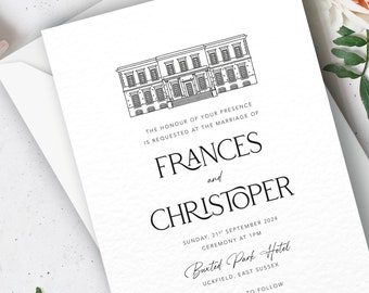 Hand Drawn venue Illustrated wedding invite, invitation, Frances