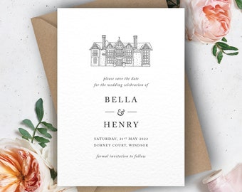 Hand drawn Illustrated wedding venue Save the Date cards, illustration sketch, Bella collection