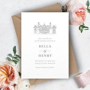 May include: Save the date wedding announcement for Bella & Henry. The announcement features a black and white illustration of a building with the text "please save the date for the wedding celebration of Bella & Henry. Saturday, 21st May 2022. Dorney Court, Windsor. Formal invitation to follow."