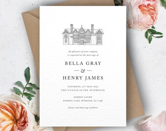 Bespoke hand drawn venue wedding Invitation, Illustrated invite, Sketch, Drawing, Bella collection