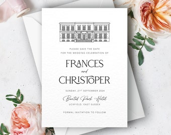 Illustrated venue Save the Date cards, hand drawn illustration, Frances collection