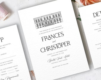 Illustrated venue wedding invitation set, hand drawn illustration, 3 piece suite, Charlotte collection, Frances collection