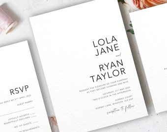Minimalist Wedding Invitation Set, Modern Wedding Invites, Contemporary, Printed Wedding Invitation, Lola