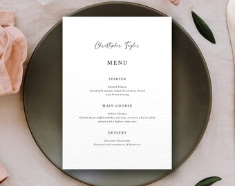 Bespoke printed Wedding Dinner Menu, including guests names and chosen dinner choices, Place Cards, Bella