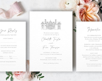 Illustrated venue wedding invitation set, hand drawn illustration, 3 piece suite, Charlotte collection