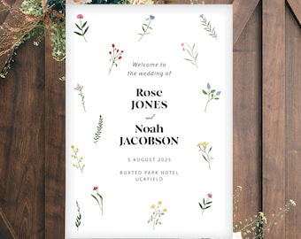 Wildflower Welcome Sign, Floral,Botanical, Printed Wedding Sign, Rose