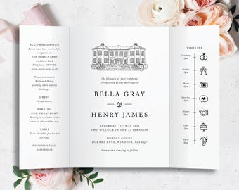 Illustrated venue wedding invitation, hand drawn illustration, gatefold, Bella collection