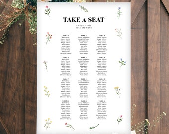 Wildflower Seating plan, Table plan, Floral, Botanical, Printed Wedding Sign, Rose