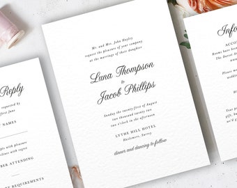 Elegant Wedding Invitation Set, Calligraphy Script Wedding Invites, RSVP, Guest Information, Printed Formal Wedding Invitations,  Luna