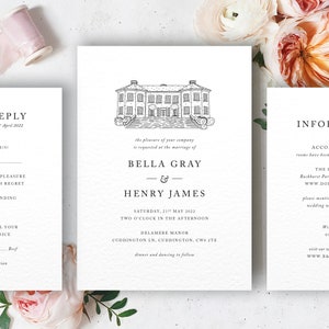 Digitally hand drawn Illustrated venue Wedding Invitations Set - Wedding Invites - RSVP Card - Details - Guest Information - Bella