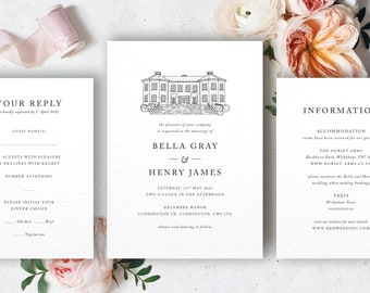 Hand drawn Illustrated venue wedding invitation set, illustration sketch, 3 piece suite, Bella collection