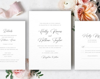 Elegant Wedding Invitation Set, Calligraphy Script Wedding Invites, RSVP, Guest Information, Printed Formal Wedding Invitations,  Holly