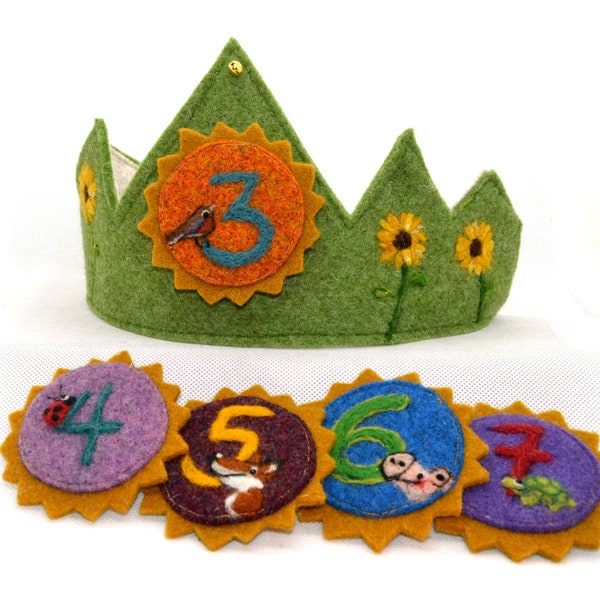 Birthday crown & numbers from 1 to 9 with cute lucky animals lovingly hand-felted