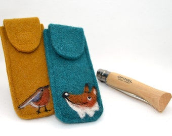 Children's pocket knife case made of wool felt with desired animal