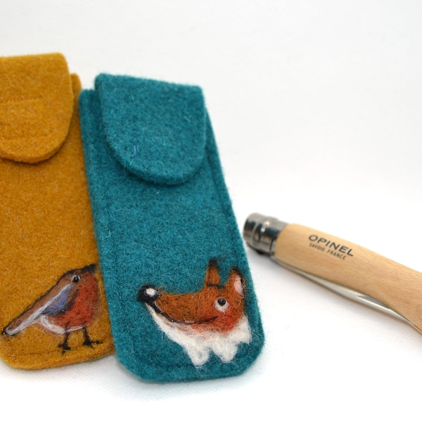 Children's pocket knife case made of wool felt with desired animal