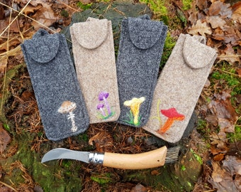 Pocket knife case for the Opinel mushroom knife made of wool felt with a carabiner for mushroom hunting