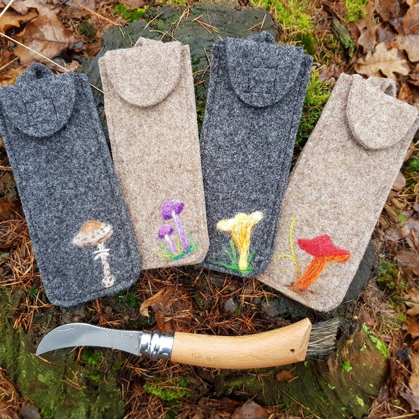 Pocket knife case for the Opinel mushroom knife made of wool felt with a carabiner for mushroom hunting