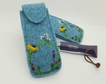 Opinel pocket knife case made of wool felt with a flower wreath lovingly handmade with a carabiner