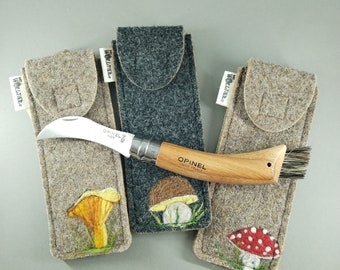Custodia tascabile in feltro di lana per il coltello da funghi Opinel, con moschettone, ideale per la raccolta di funghi.